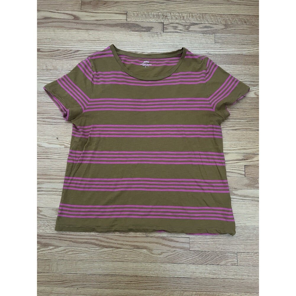 J.Crew Vintage Cotton T Shirt Womens Large Pink Stripe Brown/Yellow Casual Basic